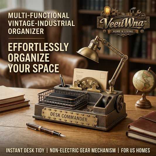 VeeuWna™ Vintage Industrial Desk Organizer with Metal Wire Tray, Pen Holder, Mail Sorter & Gear-Inspired Desktop Storage | Rustic Office Organizer for Desk, Study Room, Home Office, Teacher Desk, Men’s Desk Decor