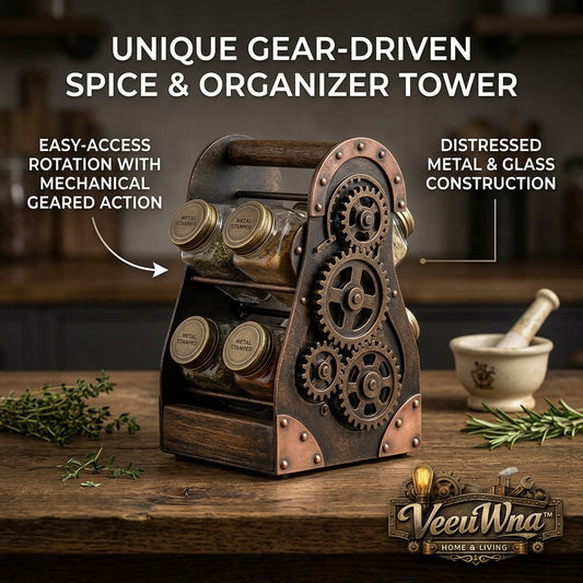 VeeuWna™ Gear-Driven Rotating Spice Rack Organizer Tower, Vintage Industrial Countertop Spice Organizer with Glass Jars, Distressed Metal & Wood-Style Kitchen Seasoning Storage Rack, Easy-Access Spice Carousel for Pantry, Cabinet & Countertop
