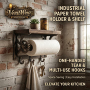 VeeuWna™ Industrial Paper Towel Holder with Shelf and Hooks, Wall Mounted Rustic Wood & Metal Kitchen Roll Holder, One-Handed Tear Paper Towel Dispenser, Space-Saving Storage Rack for Kitchen, Pantry, Laundry Room, Bathroom