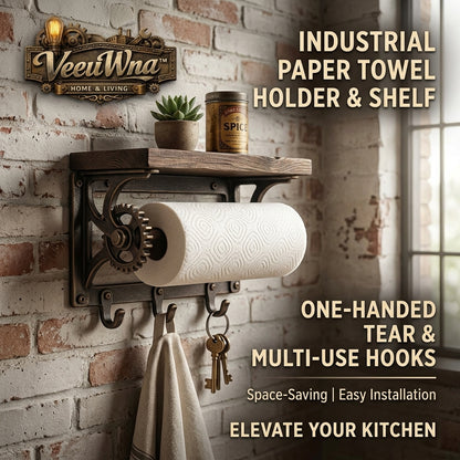 VeeuWna™ Industrial Paper Towel Holder with Shelf and Hooks, Wall Mounted Rustic Wood & Metal Kitchen Roll Holder, One-Handed Tear Paper Towel Dispenser, Space-Saving Storage Rack for Kitchen, Pantry, Laundry Room, Bathroom