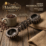 VeeuWna™ Unique Mechanical Coffee Scoop with Tamper, Industrial Gear Espresso Measuring Spoon, Vintage Metal Coffee Bean Scoop, Barista Coffee Tool for Ground Coffee, Espresso, Home Brewing & Kitchen Gift