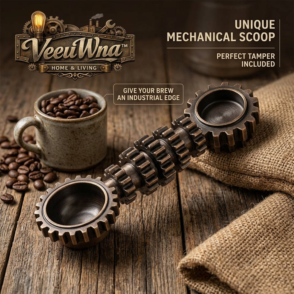 VeeuWna™ Unique Mechanical Coffee Scoop with Tamper, Industrial Gear Espresso Measuring Spoon, Vintage Metal Coffee Bean Scoop, Barista Coffee Tool for Ground Coffee, Espresso, Home Brewing & Kitchen Gift