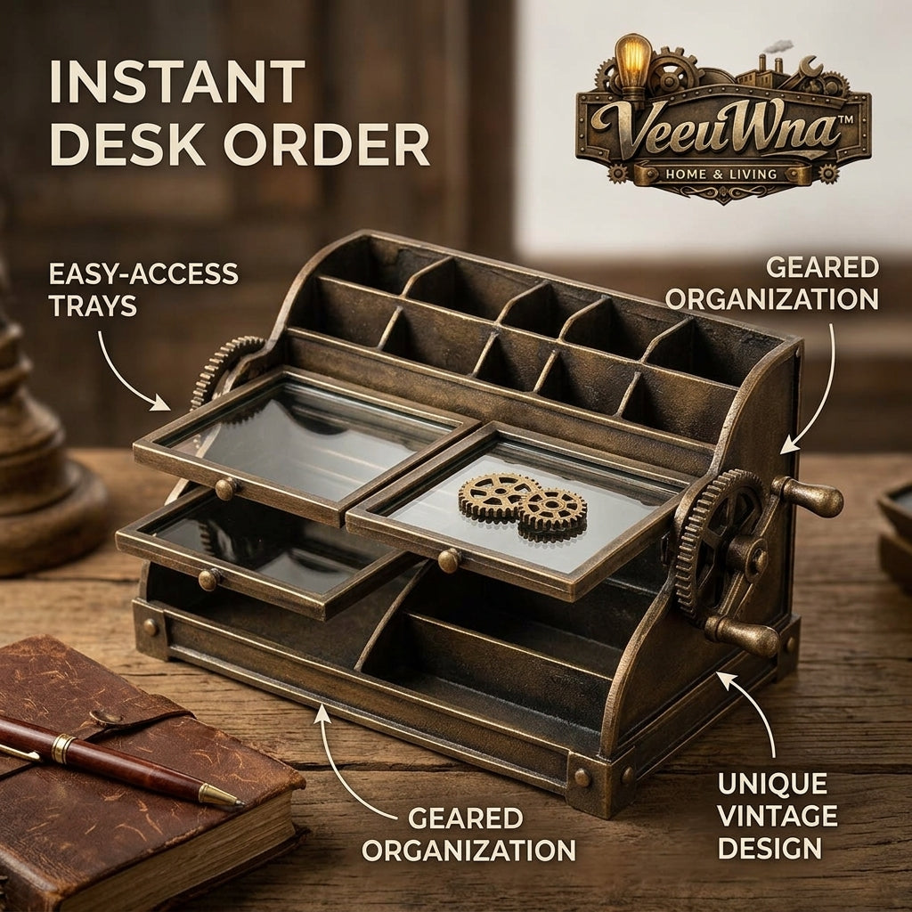 VeeuWna™ Vintage Gear Desk Organizer with Pull-Out Trays, Steampunk Desktop Storage Caddy, Multi-Compartment Office Organizer for Pens, Notes, Clips, Keys, Stationery & Desk Accessories