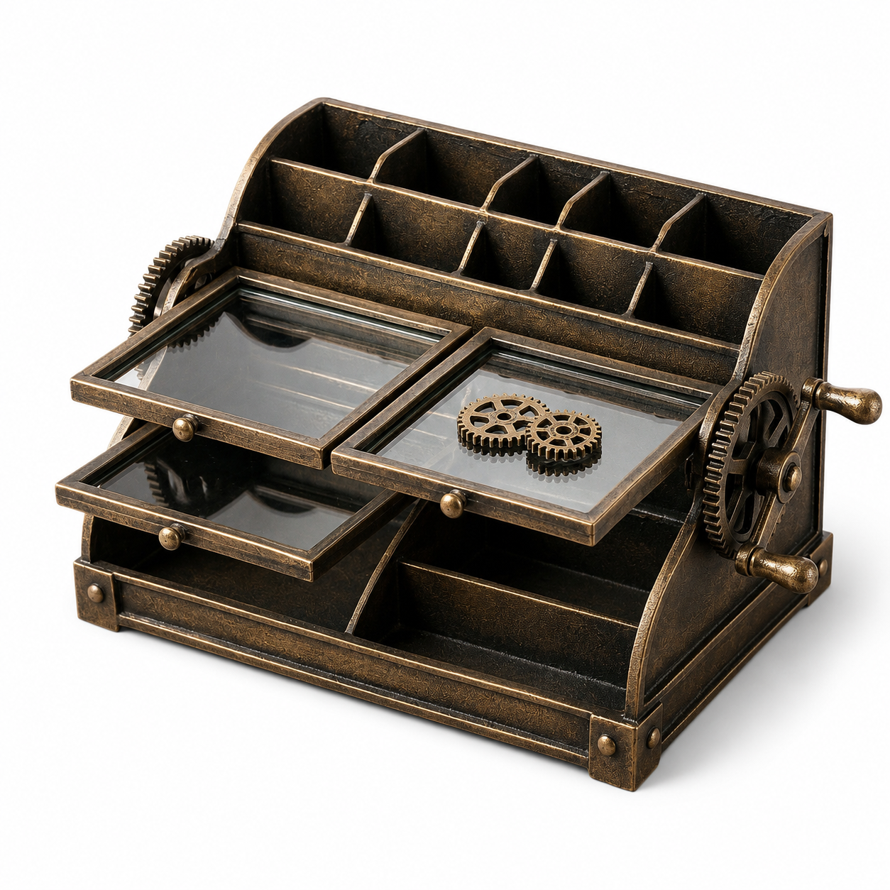 VeeuWna™ Vintage Gear Desk Organizer with Pull-Out Trays, Steampunk Desktop Storage Caddy, Multi-Compartment Office Organizer for Pens, Notes, Clips, Keys, Stationery & Desk Accessories